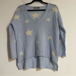Brodie Cashmere Fine Cashmere Blue Star V-Neck Sweater Jumper Size Small